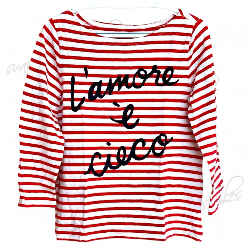 J. Crew JCREW striped red/off-white "L'amore è cieco” 3/4-sleeve boatneck tee